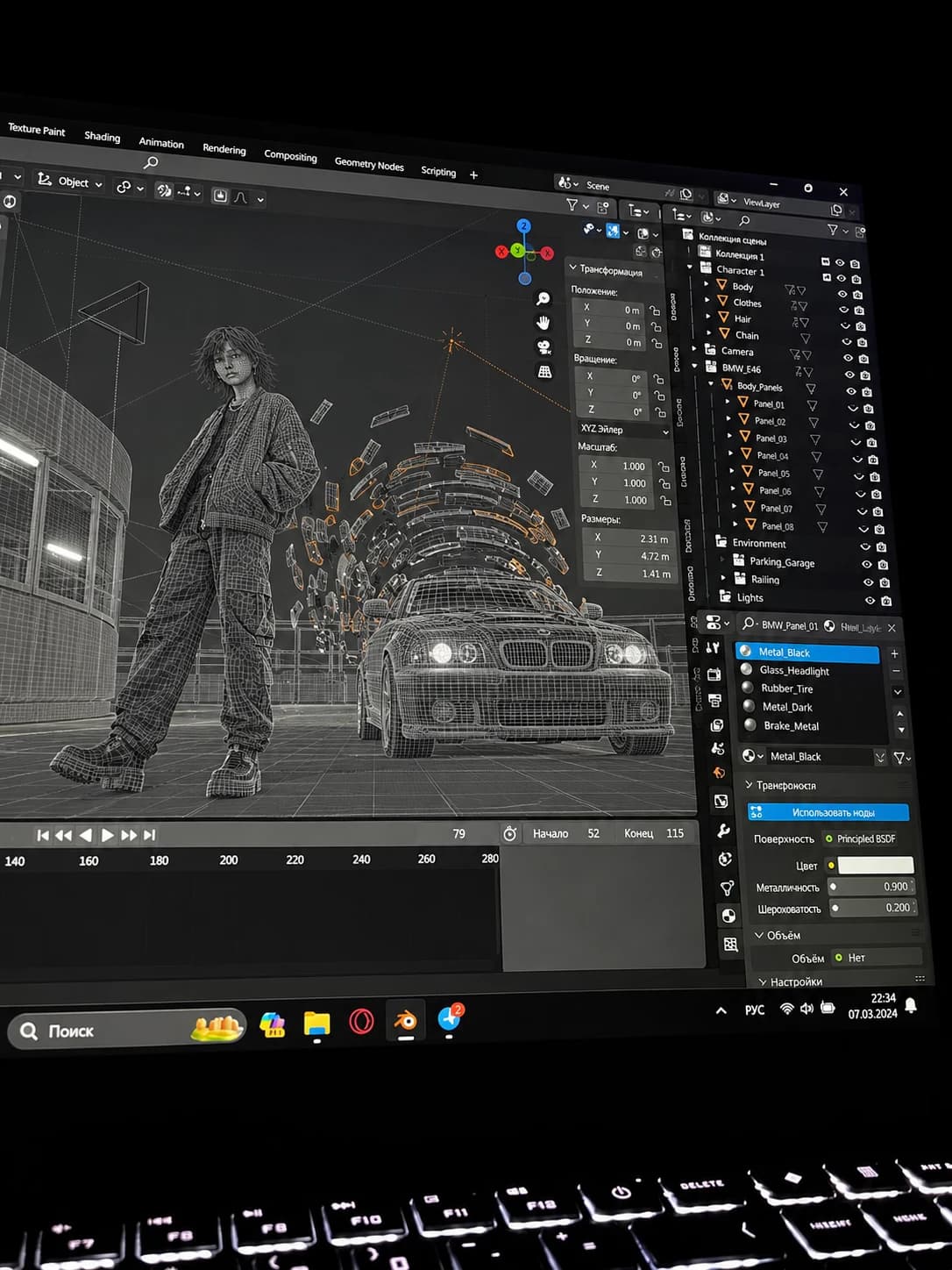 Blender wireframe study of a figure and floating car panels.